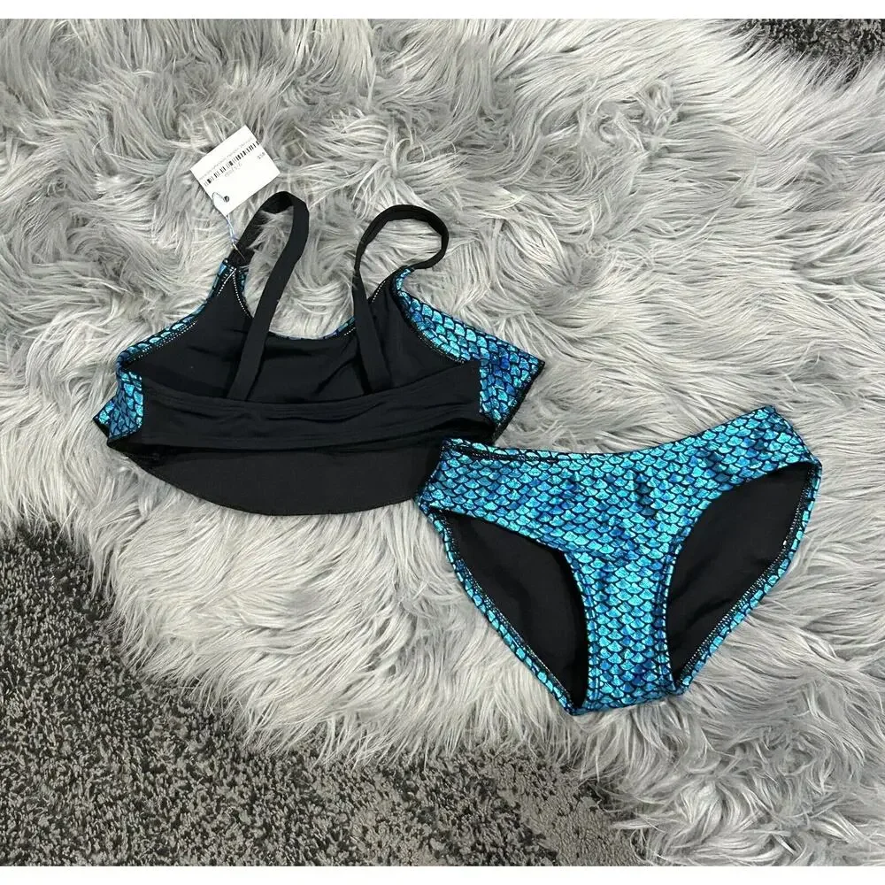 Hampton‎ Mermaid Fish Scale Blue Ruffle Bikini Size 6